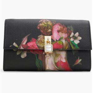 NWT Ted Baker London Cyra Floral Metallic Clutch Crossbody Bag Black Gold Chain